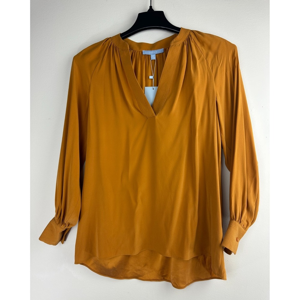 NEW Antonio Melani Talitha Silk Blend Blouse Dandelion Yellow Gold Split Neck XS - Picture 2 of 12